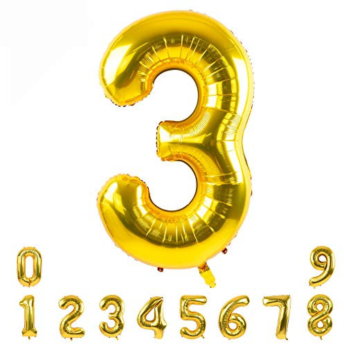 TONIFUL 40 Zoll Nummer Folienballon 0 to 9 in Goldfarbene Helium Zahlenballon Riesenzahl Luftballon Nummer 3 Heliumballons für Geburtstag, Hochzeit, Jubiläum Party Dekoration（Zahl 3）
