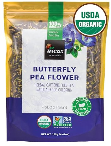 INCAS 100% USDA Organic Butterfly Pea Flower 4.41 oz (375+ Cups) DIRECT FROM SOURCE Thailand Non GMO Verified Dried Caffeine Free Gluten Free Vegan Rich in Antioxidants Free eBook