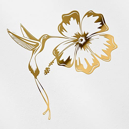 Transparent Decal Stickers of Hummingbird and Hibiscus Tattoo (Metallic Gold) Premium Waterproof Vinyl Decal Stickers for Laptop Phone Accessory Helmet Car Window Mug Tuber Cup Door ANDstic603752GOAA