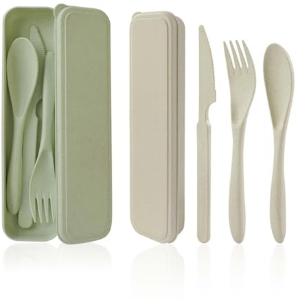 Reisebesteck mit Etui, Tragbare Camping Besteckset 2 Personen, Plastik Gabel Messer Löffel Besteck für Unterwegs Schulen, Lunchboxen, Camping, Partys Und Familien (Beige + Grün)