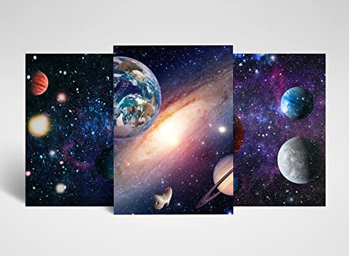 DV DESIGN 3 x A4 Space Posters - Solar System Earth Galaxy Nebula Trio of Prints Portrait Poster Gift