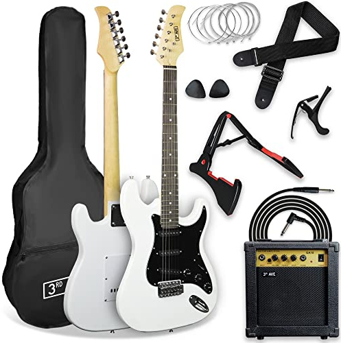 3rd Avenue XF Full Size 4/4 Electric Guitar Ultimate Kit with 10W Amp, Cable, Stand, Gig Bag, Strap, Spare Strings, Picks, Capo – White