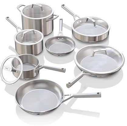 Ninja EverClad Stainless Steel Cookware 12 Piece Pots & Pans Set, All Stovetops & Induction, Oven Safe to 600°F, PFAS Free, Tri-Ply Commercial-Grade, C99012