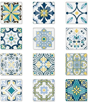 MultiValue Lot de 12 Aimants de Réfrigérateur, Léger Motif des Carreaux Fantaisie Carré Aimant Frigo Decoratif Verre 3D est Fortement Magnétique pour Bureau et MénageTravailler (A)