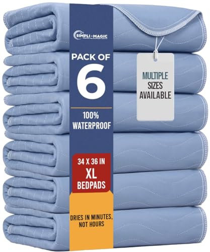 Simpli-Magic Washable Underpads, 34x36 (Pack of 6) Heavy Absorbency Reusable Bedwetting Incontinence Pads for Kids,Adults,Elderly,and Pets, Waterproof Protective Pad for Bed,Couch,Sofa,Floor