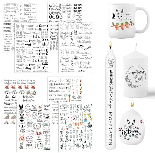 LYNBLY Kerzentattoos Ostern, 8 Stück kerzentatoo, Osterhase Kerzensticker, Wasserschiebefolie Kerzen, Kerzen Folie Ostern, Lustige Osterhasen Hase, Ostereier, DIY Kerzensticker für Kerzen und Keramik