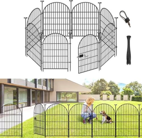 ADAVIN Garden Fence Animal Barrier with Gate 36 in(H)×17.5 Ft(L) 8 Panels,Rustproof Metal Wire Tall Fencing Border for Dogs Rabbits,Outdoor no dig pet Fences, Arched Black Flower Edging for Yard