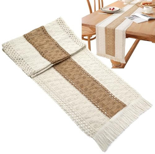 Camino de mesa, camino de mesa de comedor de arpillera natural con borlas, estilo rústico, hecho de algodón y lino, para chimenea, centro de mesa, decoración del hogar, vacaciones, fiesta, 30 cm de