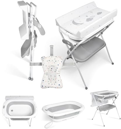 MS BabyWorld - Baignoire haute ZOE + Réducteur | Matelas à langer, coussin réducteur et panier | Confortable et facile à ranger | Avec bouchon et tuyau de vidange, pieds antidérapants | Pliable