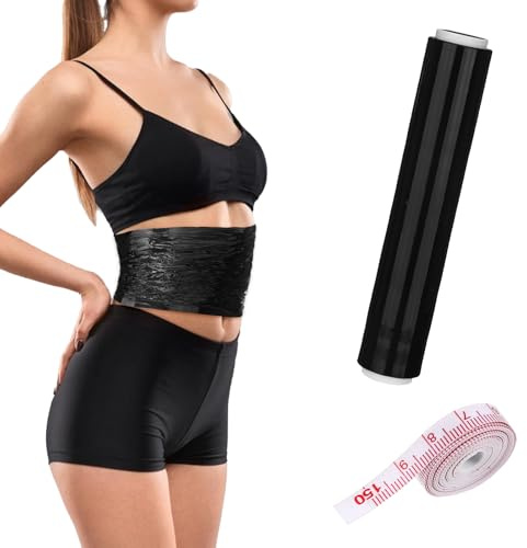 Qiuruoo 60 Meters Black Plastic Body Wrap, Disposable Sweat Band for Stomach, DIY Sauna Plastic Wrap for Enhanced Sweating and Shaping（1 PCS）
