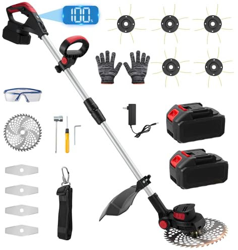 MINENICE 9inch Desbrozadora Electrica con Batería, Cortadora de césped inalámbrica a batería 2X 4000mAh con 4 Cuchillas desbrozadora inalámbrica, cortadora de césped portátil