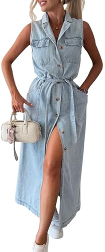 Vevesmundo Dam denim ärmlös jeansklänning sommarklänning skjortklänning sommarklänning mjuk denimklänning skjortblusklänning med knappslå storlek 36 38 40 42