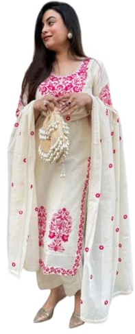 GoSriKi Kurta Sets for Women Viscose Embroidered Kurta Trousers Dupatta Set Straight Kurti Set for Women Crew Neck 3/4 Sleeve Ethnic Suit Designer Indian Kurti Outfit with Trousers