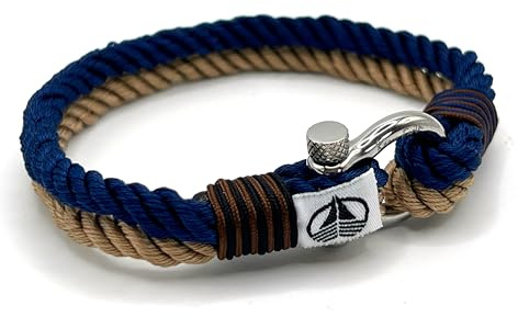 Men's Nautical Rope Bracelet, Durable Premium Woven Navy Blue & Beige Marine Rope | Bracelet with stainless steel Horseshoe Shackle | Waterproof Sailing Wristwear (Medium Wrist (21cm))