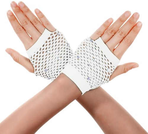 Lusofie Guanti a Rete Corti in Nylon con Strass Accessori per Feste da Ragazza Anni '80 Guanti Senza Dita Donna Eleganti per Cosplay Costumi per Feste a Tema Halloween Performance Maniche a Rete