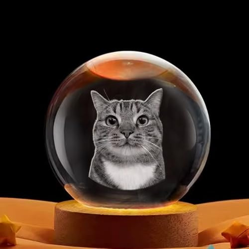 MINXLTD Luz LED Redonda Personalizada Con Foto Grabada De Mascota En Cristal, Retrato 2D Personalizado En Cristal, Regalo For La Pérdida De Una Mascota(8 cm)