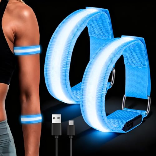 Wrymish 2 Pezzi Fascia Luminosa LED Running, Braccialetto Ricaricabile USB, Bande Catarifrangenti con 3 modalità di Illuminazione, Fascia per Braccio di Sicurezza, per Corsa Notturna, Bici (Blu)