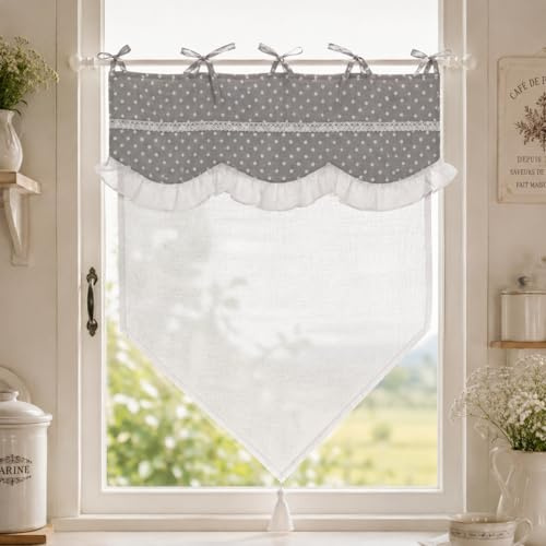 Générique Lot de 2 Rideaux Brise-Bise 60 x 90 cm – Rideaux Cuisine Campagne Chic – Coton à Pois Gris, Dentelle Blanche et Voilage Semi-Transparent – Attaches à Nouer – Naive Gris
