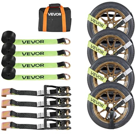 VEVOR Cinghie di Fissaggio per Ruote 50,8 x 3048 mm con Gancio Piatto Forza alla Trazione di 4540 kg, Sistema di Tensionamento per Pneumatici, Motociclette, SUV, Rimorchi, Nero