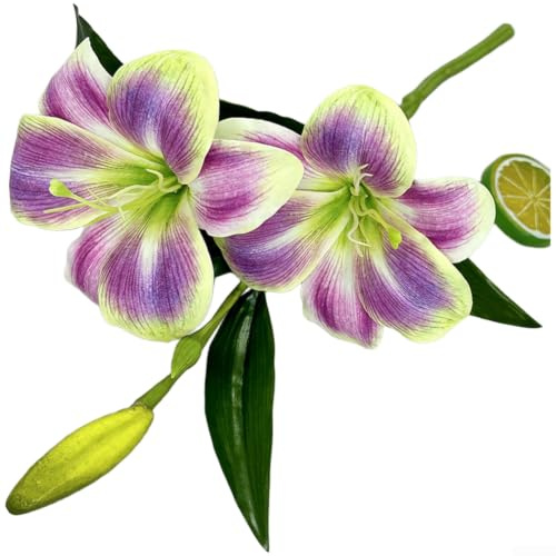 PureBowlic 3D-tryckt silke hemerocallis lilja konstgjorda blommor med flexibla stjälkar, realistisk falsk blommig dekor för bröllop hem festarrangemang, vit-grön (lila)