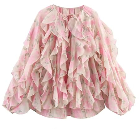 UJEDFHV Volangblus för kvinnor, lös blus, långärmad, volangblus med snörning, överlappande kanter, lotusbladform för kvinnor, för fest, rosa, XS