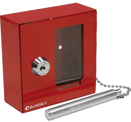 Barska Emergency Key Box with Breakable Glass and Hammer Bright Red Steel Key Lock Box for Restricted Access Wall Mount with Pre-Drilled Holes Ideal for Home or Office Security