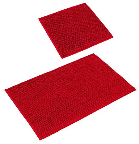 PANA® Badeteppich-Set 'Paris' • Flauschige Vorleger für Badezimmer und WC • Chenille Badematten • Badvorleger Set: 45 x 45 cm ohne WC-Ausschnitt + 50 x 80 cm • Farbe: Rot