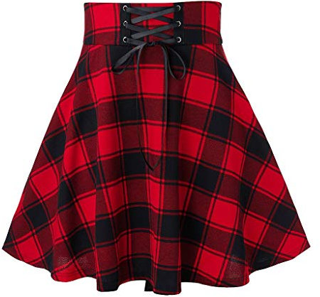 Damen A-Line Rock Faltenrock Kariert Mädchen Plissee Röcke mit Schnürung Basic Mini Skirt