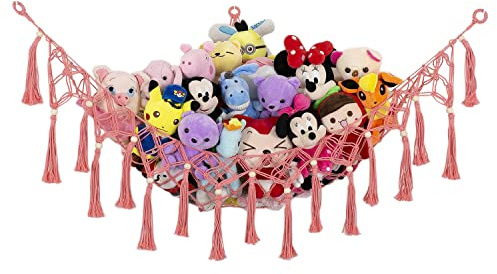 Stuffed Animal Net or Hammock for Corner Macrame Toy Display Plush Toy Storage Net Corner Hanging Mesh-Pink