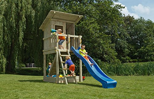 Torre de juego de playa de madera de alerce natural (130 x 150 x 329 cm) con muro de escalada y tobogán de ondas Violett para arena, anclaje al suelo, escalera y asas.