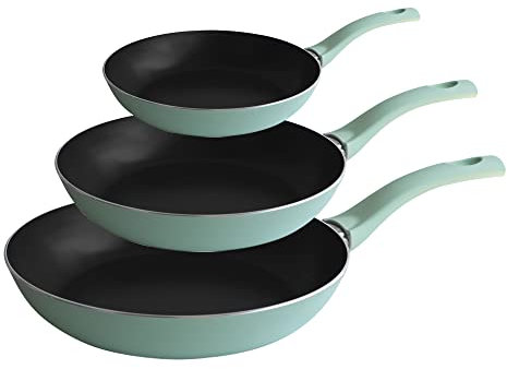 PINTINOX Prima Collection Set 3 Padelle in Alluminio Portofino, antiaderente a 5 strati, manico anti-scottatura, 20, 24 e 28 CM, Verde Basilico. Adatte a tutti i fuochi tranne l'induzione