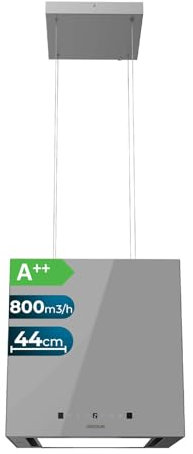 Cecotec Quadratische Insel-Dunstabzugshaube 44 cm Bolero Flux Cct 448000 Glass Grey A++. Graue Glasoptik, Saugleistung 800 m³/h, 210-W-Motor, 3 Leistungsstufen, Kohlefilter