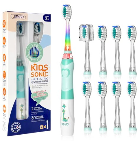 SEAGO Kids Electric Toothbrush with 2 Mins Brushing Timer and 8 Replacement Bursh Heads,Rainbow LED Light Make Brushing Fun, Blue Color Boys Battery Powerd Toothbrush for 4-12 Years Old