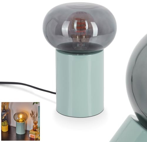 Tischleuchte Tati, moderne Nachttischlampe aus Metall/Glas in Türkis/Rauchfarben, runde Tischlampe im Retro-/Vintage Design, Ø 15cm, Höhe 22cm, m. An-/Ausschalter am Kabel, 1 x E27, ohne Leuchtmittel
