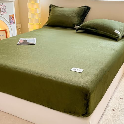 Betttuch sitzt perfekt 35 * 79inch, festes Plüsch-Samt-Spannbettlaken, Matratzenbezug-Bettwäsche für Zuhause, Schlafzimmer, Fleece-Tagesdecken, olivgrün