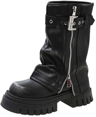 SUCHETA Damenstiefel Herbst und Winter Retro-Ritterstiefel Runder Kopf Dicker Boden Kurze Stiefel Lässige Biker-Stiefel Westernstiefel