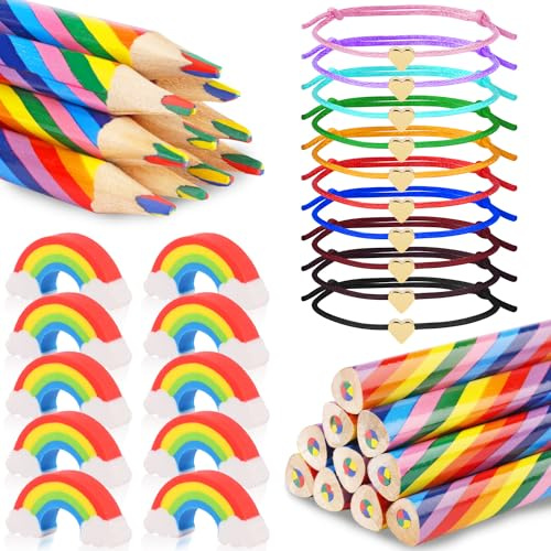 Dncvb 30 Pcs Regenbogenstift Set,Jumbo Regenbogen Buntstifte 10 Buntstifte Kinder 10 Radiergummis 10 Herz Freundschaftsarmband,Farbstifte Regenbogen für Kunst Zeichnung,Geschenk für Kinder