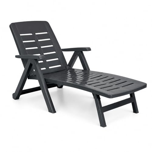 PALUPLUS Lettino Prendisole Pieghevole in Plastica Antracite, misura 189x72x96 cm, Schienale Regolabile, 2 Ruote, Letto da Esterno per Giardino, Spiaggia, Piscina, Made Italy -SME007F