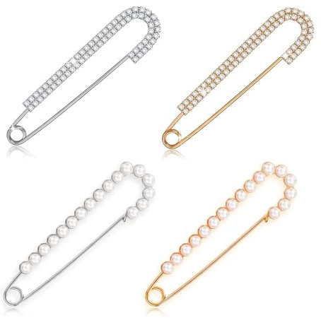 4 Pièces de Broches de Femme Broches de Pull et de Châle Broches avec Cristal et Perle Faux, attache traine robe de mariée, attache traine mariage, pour Chemises Robes, Or, Argent, 2 Styles