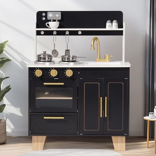 ROBOTIME Spielküche für Kinder – Realistische Küche aus Holz mit marmorverzierter Platte und goldenem Wasserhahn – Perfekt für fantasievolle Rollenspiele, Geschenk für Kleinkinder, Obsidianschwarz