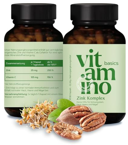 Vitamino Basics Zink - Zink-Kapseln hochdosiert mit Zink & Vitamin C, für Immunsystem, Haut, Haare & Nägel, vegan, glutenfrei, laktosefrei - 180 Kapseln