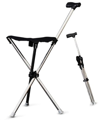 Canne pliante avec tabouret pour voyage, canne de marche légère avec siège, capacité de 150 kg, canne pliable portable et réglable avec base d'équilibrage pour personnes âgées, design unisexe