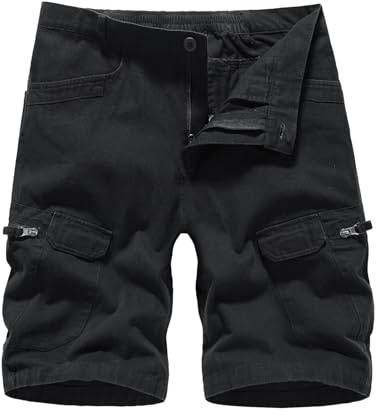 Misfuso Short Bermuda Homme en Coton, Short Cargo Homme Camouflage de Plusieurs Poches Taille Élastique Noir 3XL