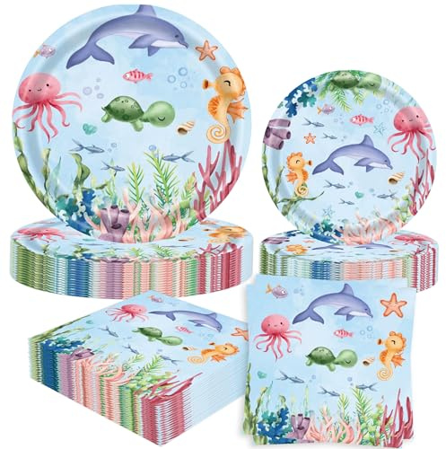 océano platos y servilletas bajo el mar decoraciones para invitados | 52 pcs océano platos y servilletas bajo el mar decoraciones para 16 invitados animales marinos bajo el agua playa verano