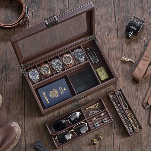 ProCase Boîte à Montres 5 Emplacements, Coffret à Bijoux pour Homme avec Couvercle en Verre Transparent, Rangement Multifonction pour Montres, Lunettes et Accessoires -Marron