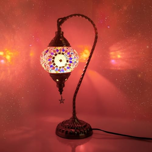 Ruhaieba Turkish Moroccan Lamp with 3 Color Options - Handmade Tiffany Mosaic Glass Bedside Lamp with Bronze Base, Swan-Neck Nightstand Light for Bedroom (LED Bulb Included) (Red)