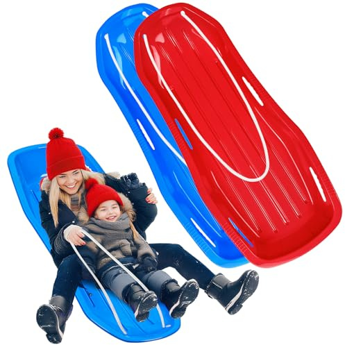 2 Pack 48” Sturdy Snow Sleds for Both Kids and Adults,Lightweight and Fast Speed Toboggan Sled with Pull Rope and Handles,Plastic Cold-Resistant Snow Slides for Toddlers and Adult Rider