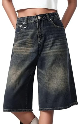 Pantaloni Capri da donna Pantaloni in denim estivi Y2k Hip Hop Pantaloncini a gamba larga Vintage Destroyed Brevi Jeans estivi per il tempo libero Pantaloni a tre quarti Jeans 3/4, Blu scuro, L