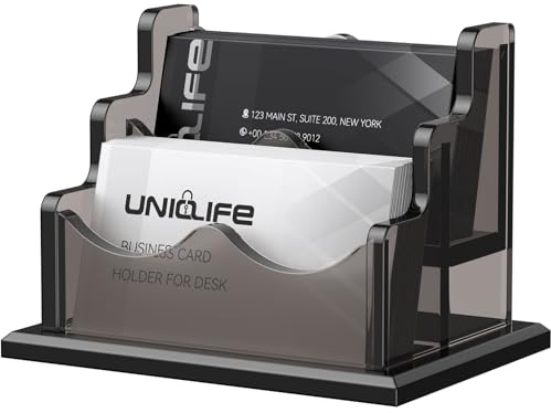 Uniclife Acrylic Business Card Holder for Desk 2 Slots Horizontal Business Card Display Stand for Men and Women Desktop Name Card Organizer Card Stand for Office Home, 120 Card Capacity, Smoky Gray