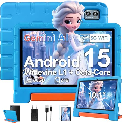 ZIOVO Tablet para Niños 10 Pulgadas Android 15 Tablets con 30GB RAM + TF 2TB, 5G WiFi, Gemini AI, Octa-Core, Widevine L1, Control Parental, iWAWA, GPS, BT 5.0, GMS Certificada Tablet con EVA Caso-Azul